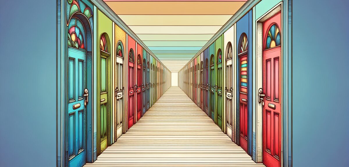 Colorful doors lined up in a long corridor, each door has different color and design, fantasy illust