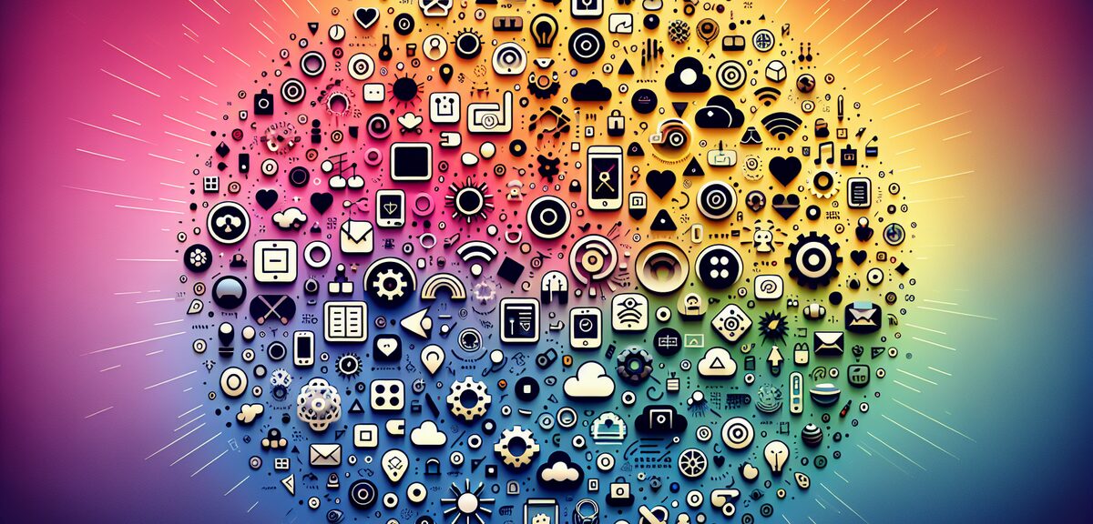 Abstract colorful icons floating on rainbow gradient background, various shapes and symbols, modern 