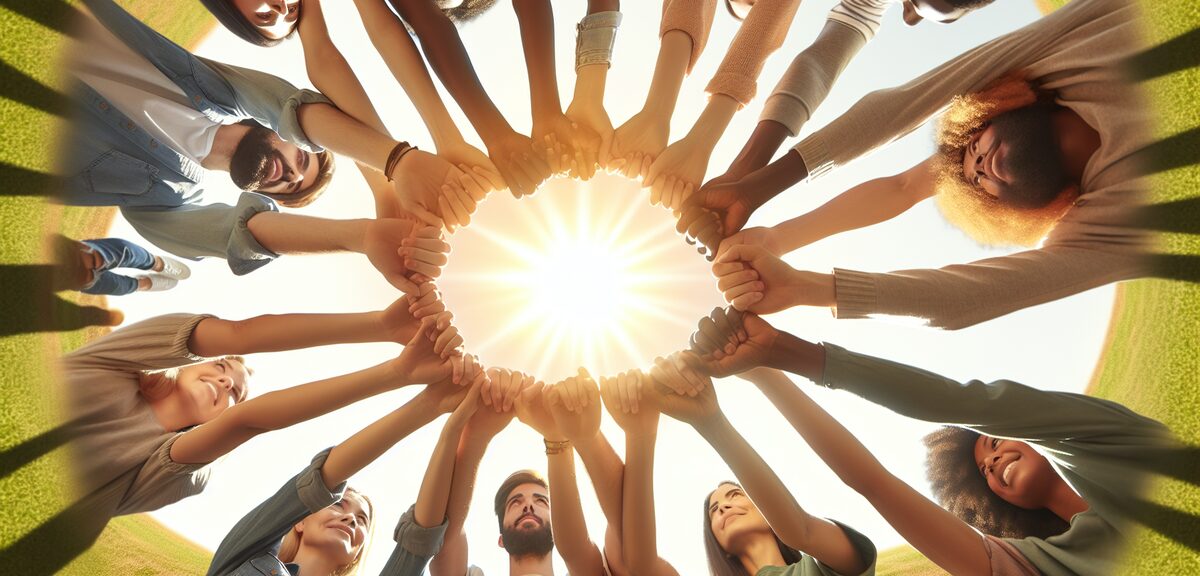 Friends holding hands forming a circle, unity and belonging illustration, soft colors, no text, warm