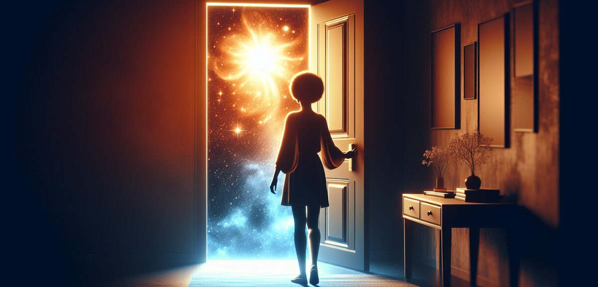 Person opening a glowing door and stepping into new world, beginning journey illustration, hopeful a