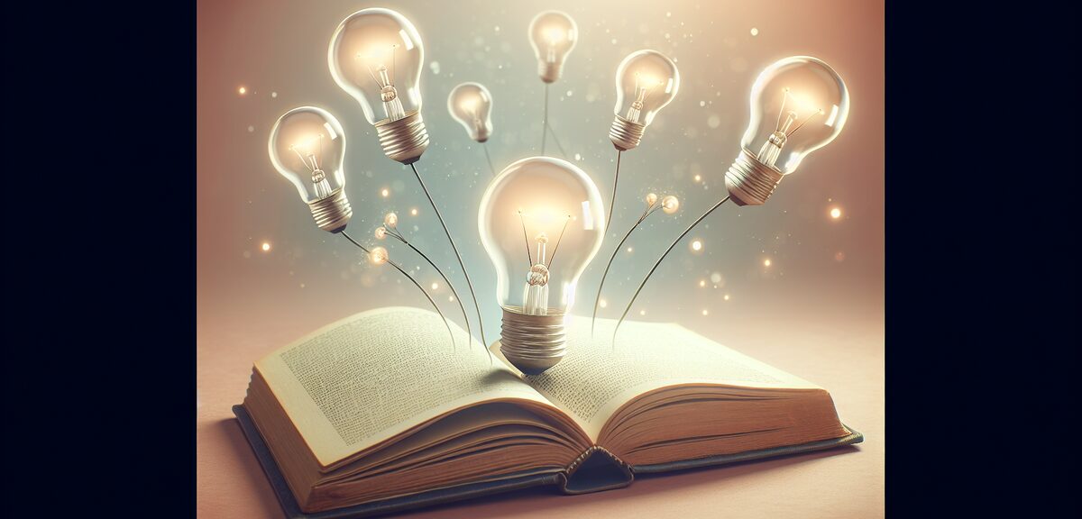 Open book with light bulbs floating above it, learning and discovery illustration, soft warm colors,