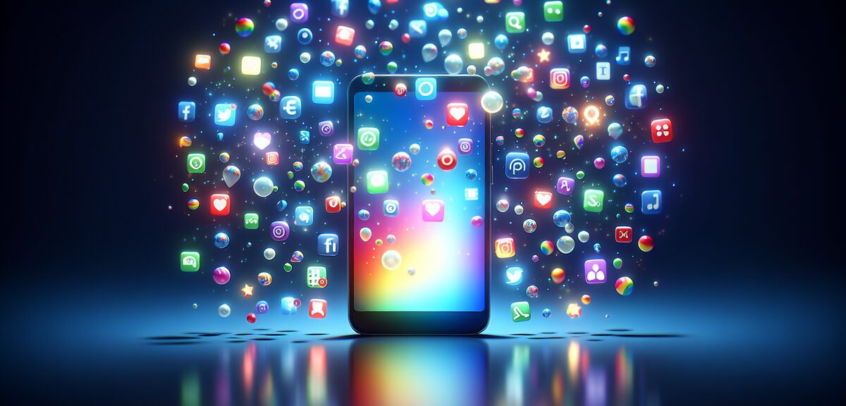 Smartphone screen with notification icons floating around, modern social media concept, colorful app