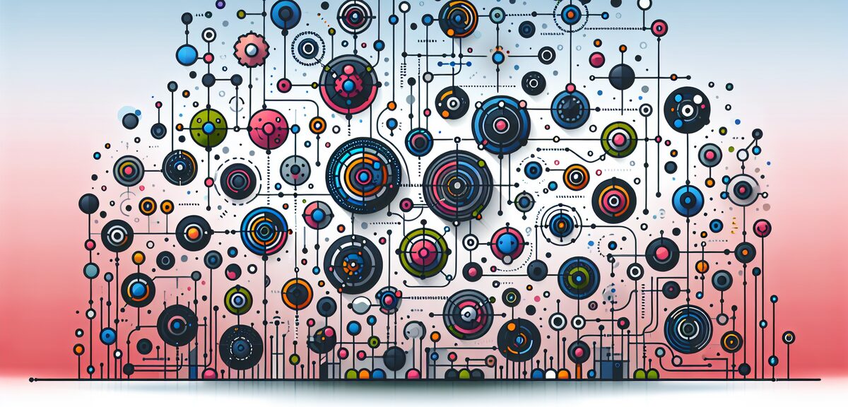 Multiple colorful circles connected by lines, network and community concept, modern flat design, no 