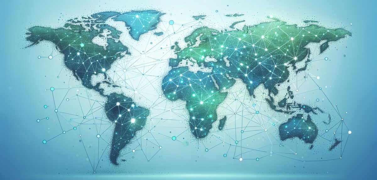 World map with connecting dots and lines, global network illustration, blue and green tones, no text