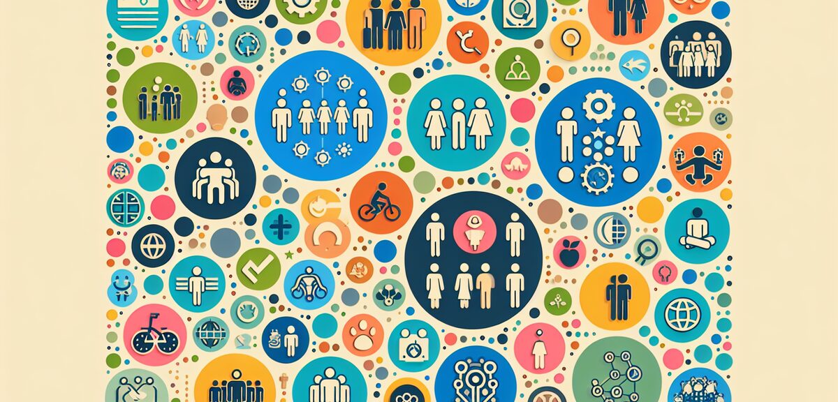 Different groups of people represented by colorful circles, each circle containing similar symbols, 