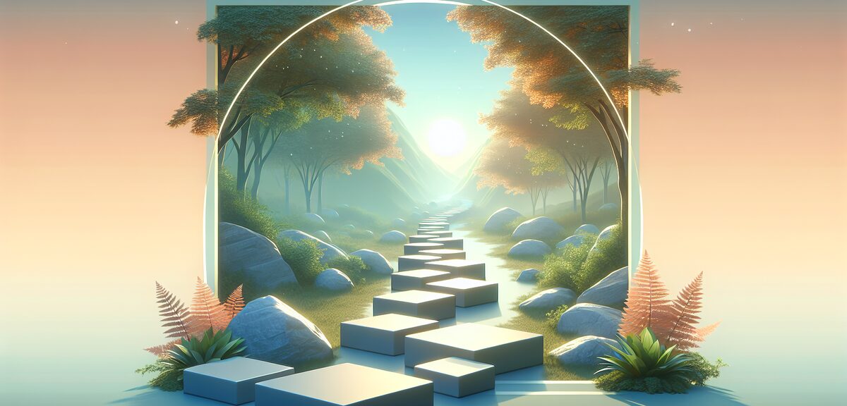 Stepping stones leading forward, progress and journey illustration, encouraging atmosphere, no text,