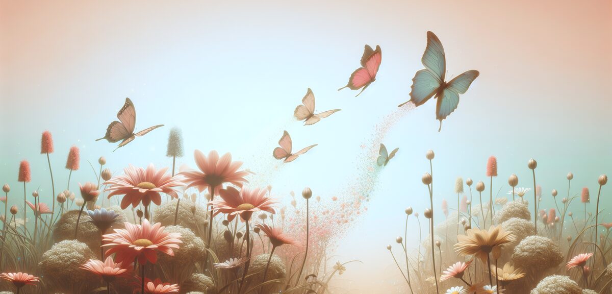 Butterfly flying away from flowers, transformation and new beginning concept, soft pastel colors, no