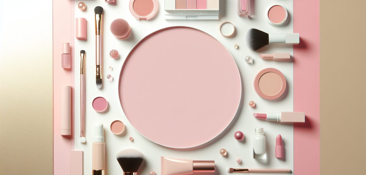 Makeup products in pink and white colors, cosmetics flat lay illustration, soft pastel tones, no tex