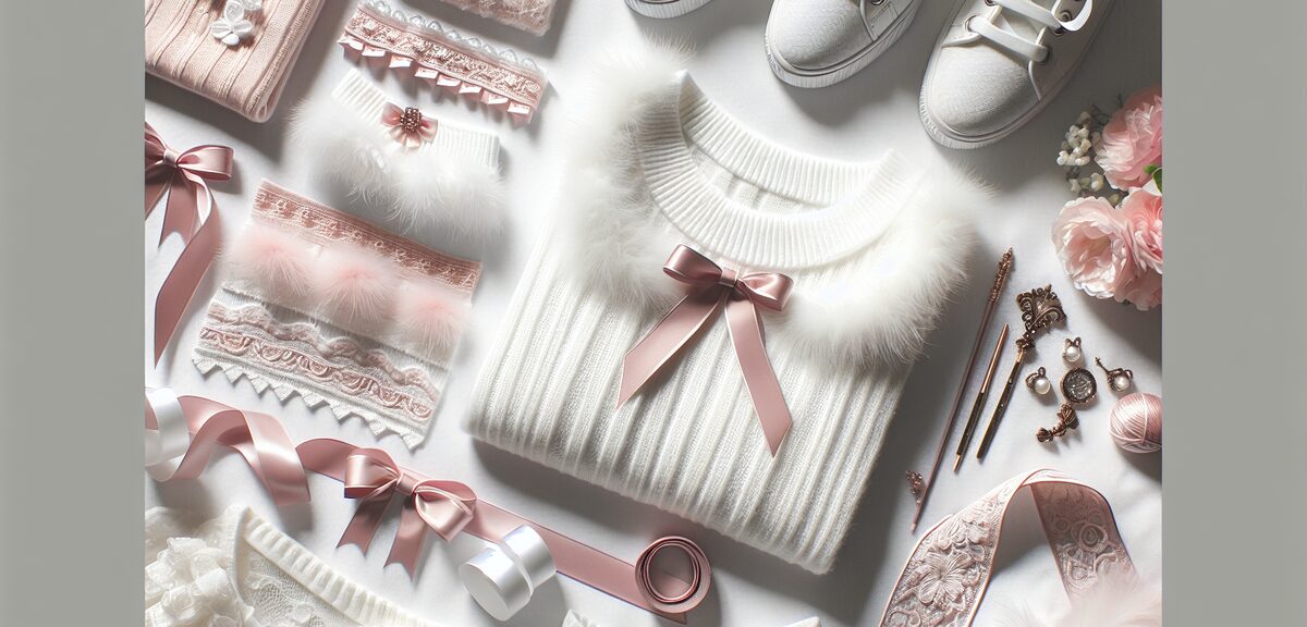 White and pink clothing items arranged neatly, fluffy textures and ribbons, fashion flat lay, soft l