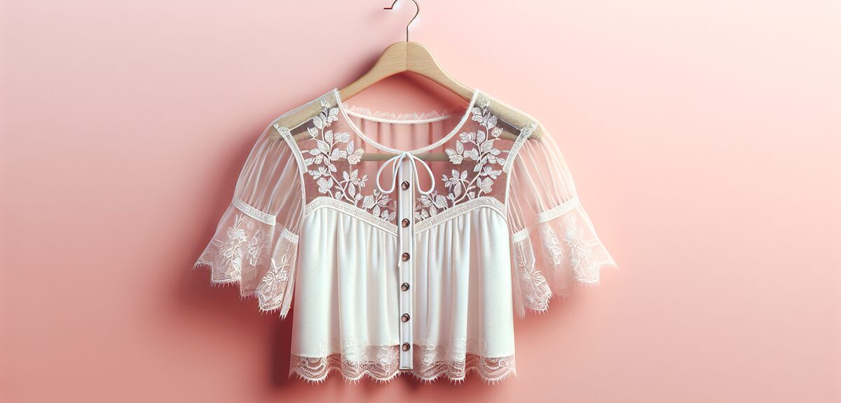 Elegant white blouse with lace details on hanger, feminine fashion item, soft pink background, no te