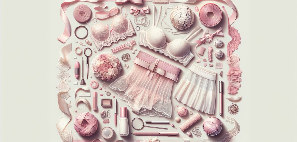 Basic fashion elements like ribbons, lace, and frills arranged in a collage, soft pink and white col