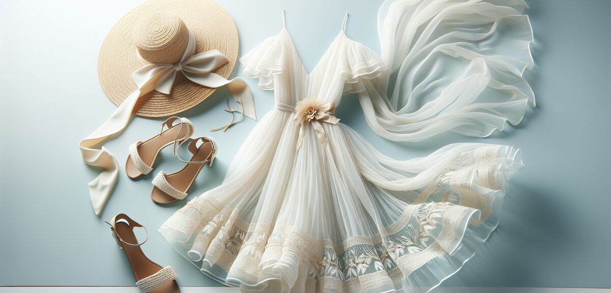 Summer fashion items including white dress, straw hat with ribbon, and sandals, light and airy feeli