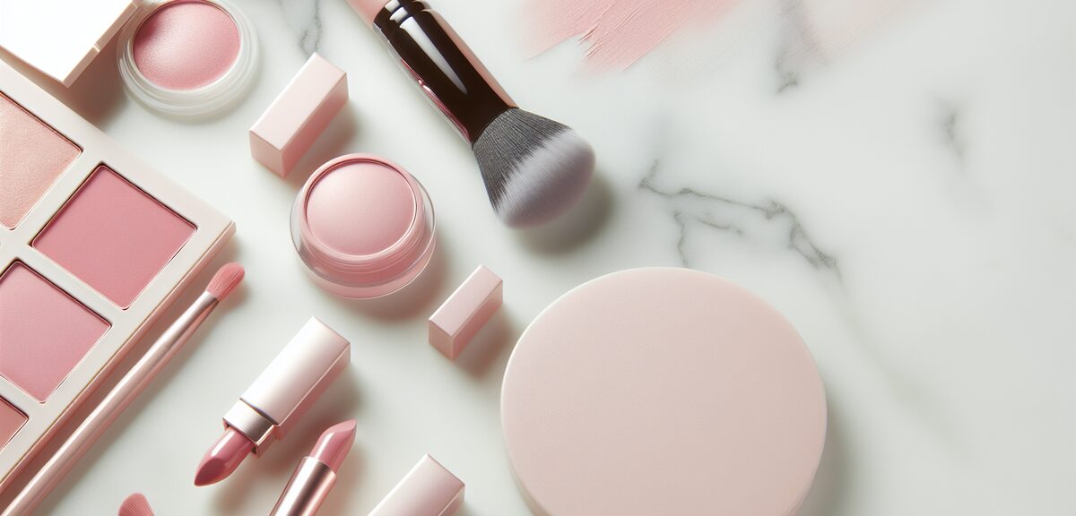 Soft pink makeup products including blush, lipstick and eyeshadow on white marble background, delica