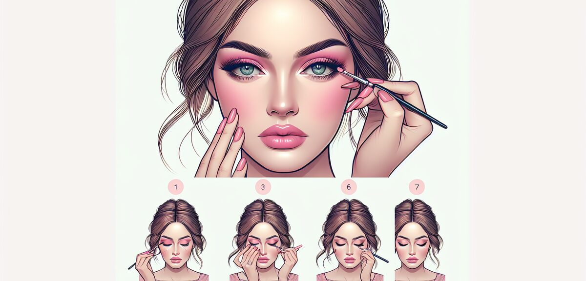 Eye makeup tutorial step by step illustration, pink eyeshadow application, soft and feminine look, n