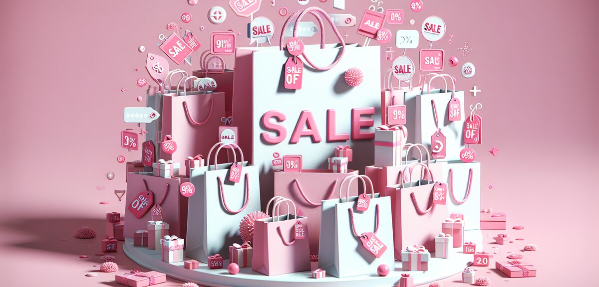 Shopping bags with discount tags and sale labels, budget shopping concept, pink and white colors, no