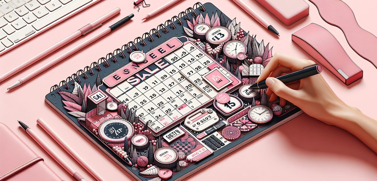 Calendar with sale dates marked, shopping planning concept, organized layout with pink accents, no t