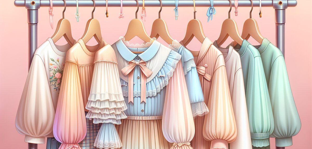 Cute pastel colored clothing items on hangers, frills and ribbons visible, soft feminine aesthetic, 