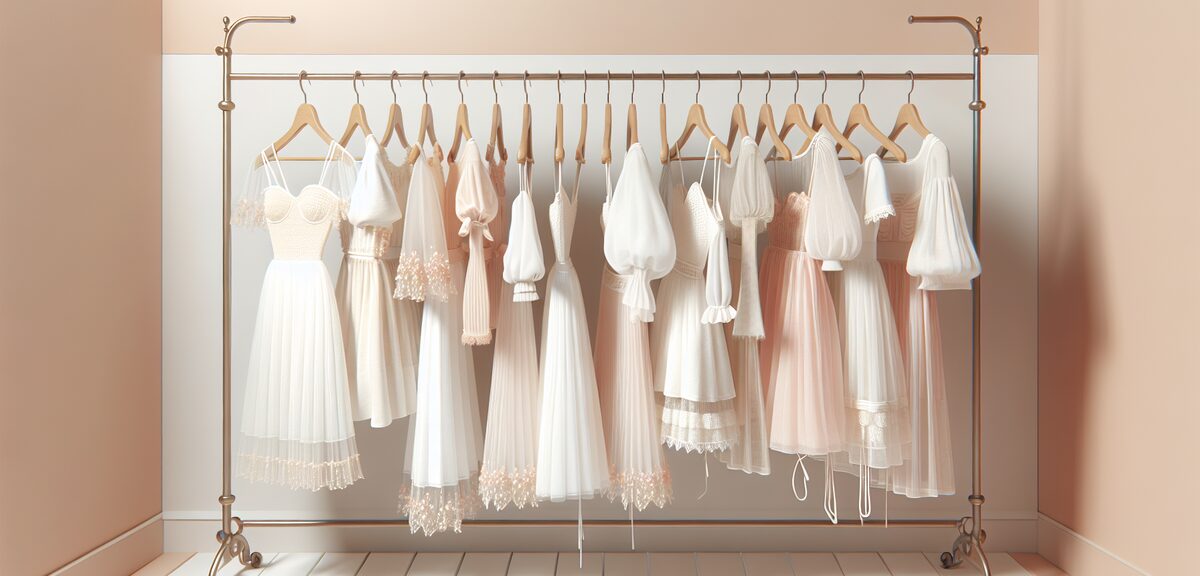 White and pink dresses hanging on rack, feminine style clothing, soft pastel colors, shopping displa