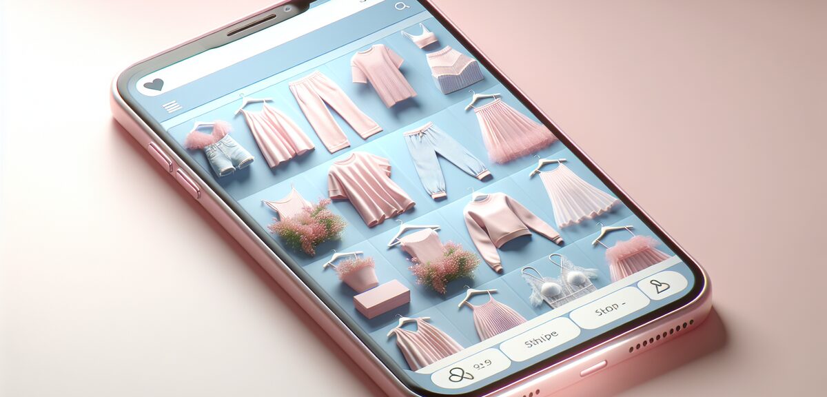 Online shopping concept with cute pastel clothing displayed on smartphone screen, pink and white ite