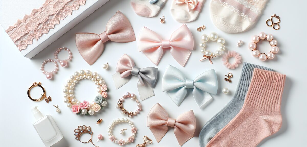 Cute feminine fashion accessories including hair ribbons, pearl jewelry, and lace socks on white bac