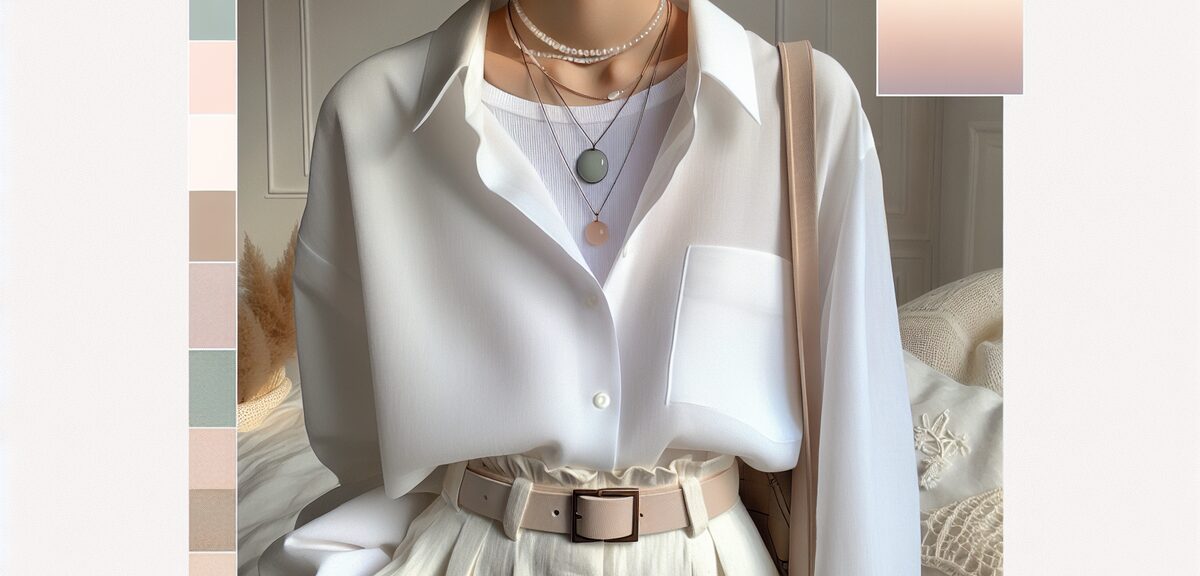 Soft androgynous fashion elements like white shirts and pastel accessories, clean aesthetic, no text