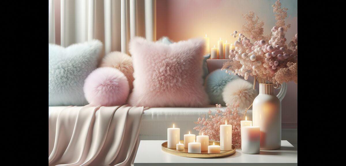 Soft fluffy cushions and candles on white furniture, gentle warm lighting, dreamy atmosphere, no tex