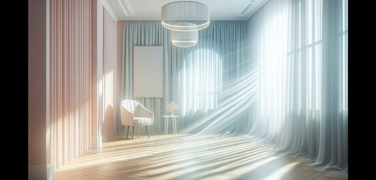 Bright room with sunlight streaming through sheer white curtains, soft pastel interior, dreamy aesth