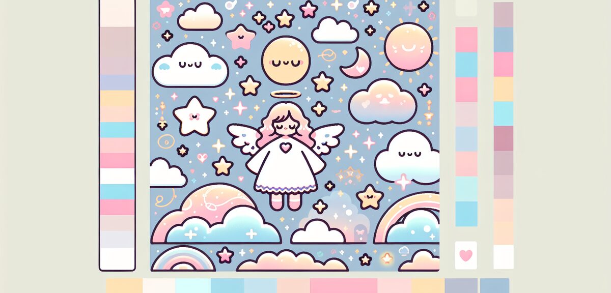 Cute angel-themed illustration elements with soft colors, wings, clouds, stars, gentle aesthetic, no
