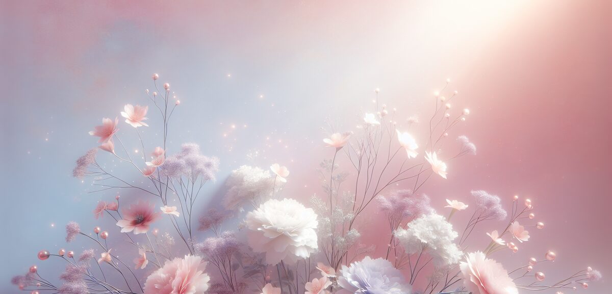 Dreamy pastel background with soft flowers and gentle light rays, pink lavender and white colors, et
