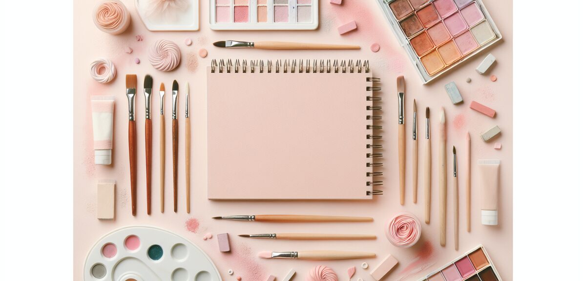 Soft pastel art supplies including brushes and watercolors in pink and white tones, gentle artistic 