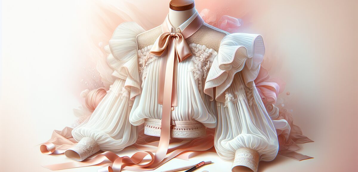 Gentle illustration of soft pastel fashion items like white blouse and ribbons, dreamy artistic styl