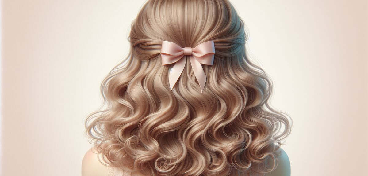 Soft wavy feminine hair with pastel ribbons, gentle curls and fluffy texture, dreamy aesthetic, back