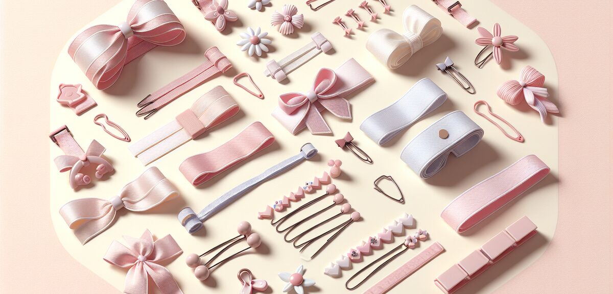 Cute pastel hair accessories collection with ribbons, clips and pins, soft pink and white colors, ge
