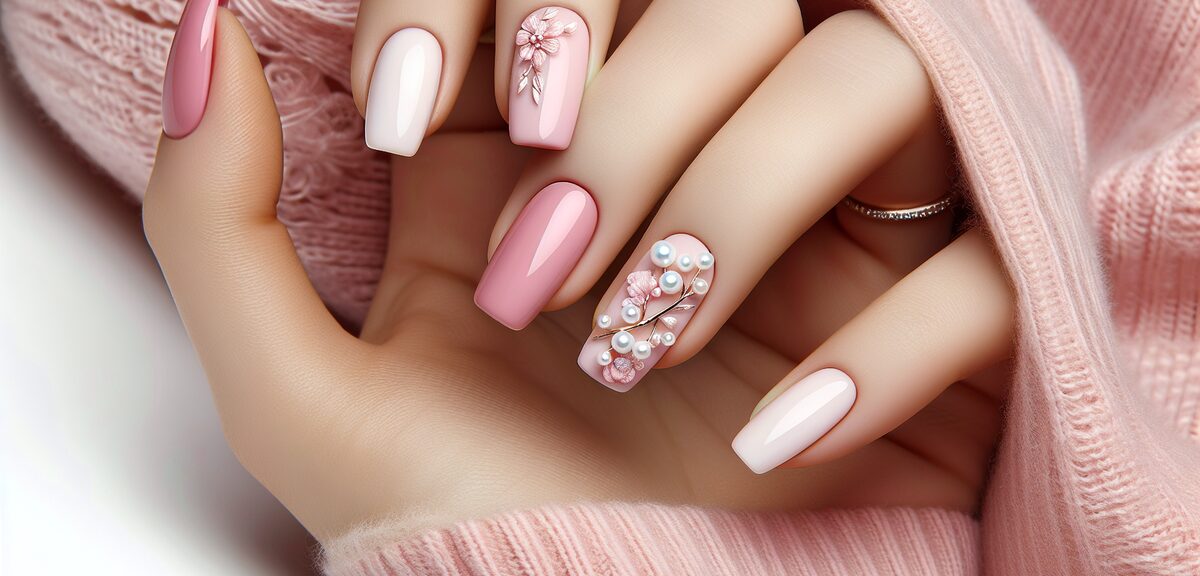 Elegant pastel nail designs with soft pink and white colors, pearl decorations, gentle feminine aest