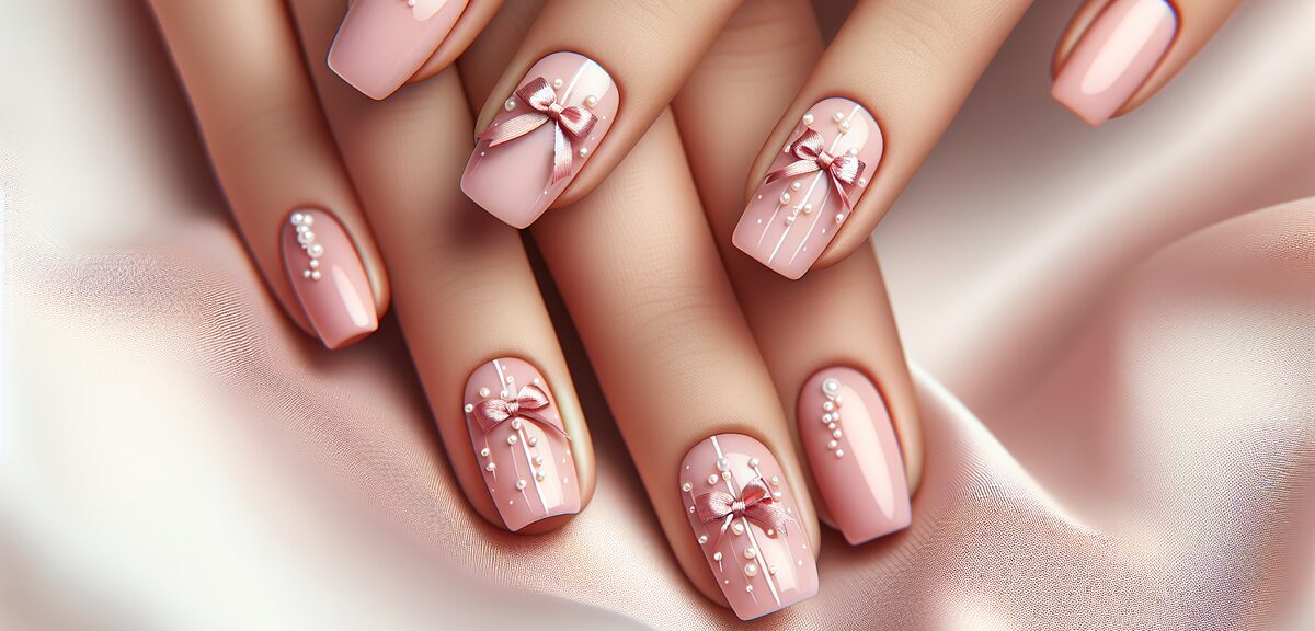 Cute nail art with small ribbon decorations and soft pink polish, pearl accents, gentle aesthetic, f