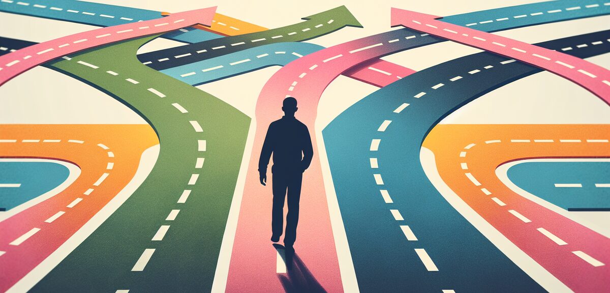 Silhouette of a person walking on a forked path, multiple colorful roads leading different direction
