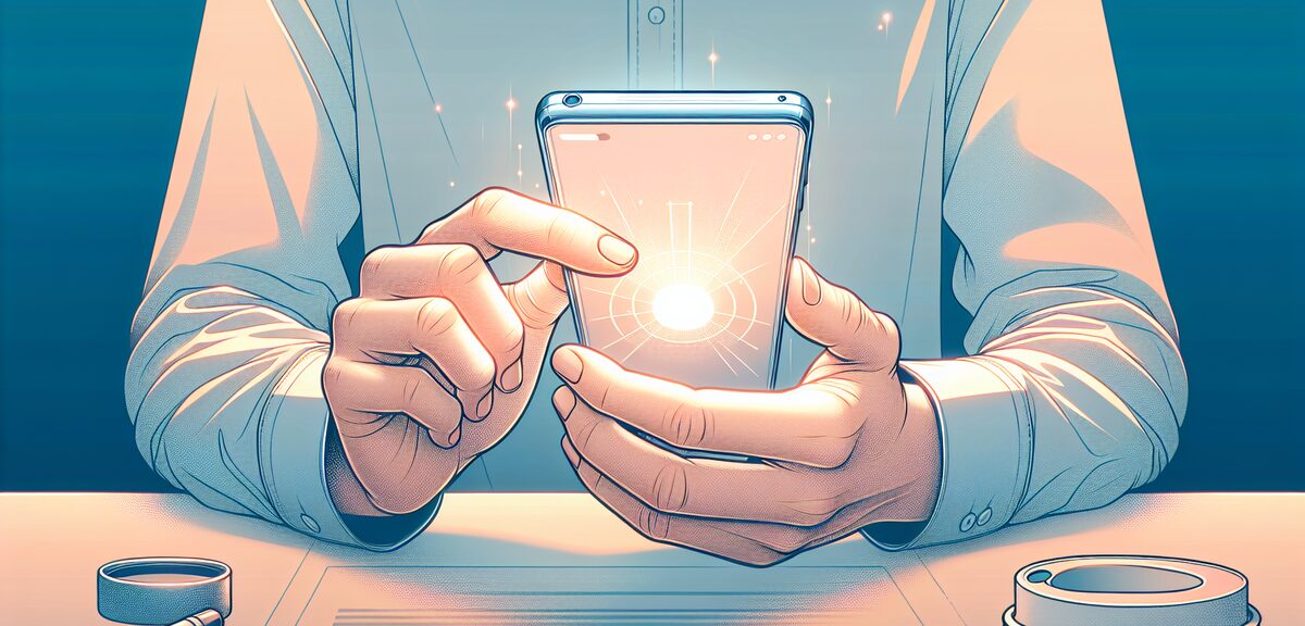 Hands holding a smartphone with glowing screen, modern illustration style, soft lighting effect, no