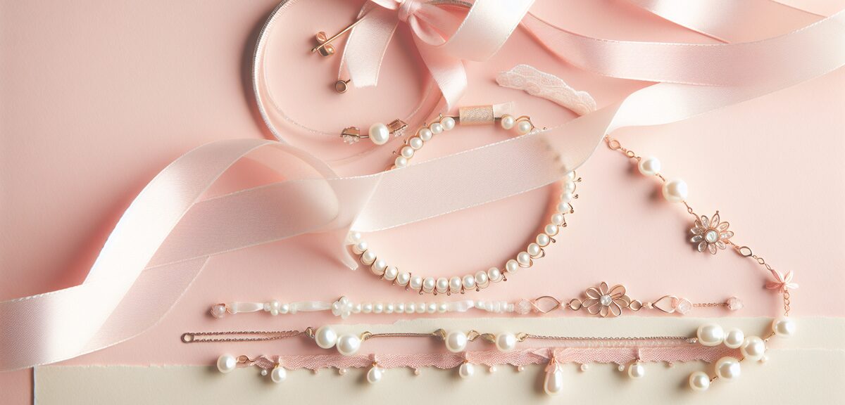 Delicate pearl and ribbon accessories on soft pink background, elegant feminine jewelry collection,