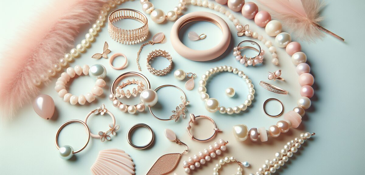 Soft pastel jewelry arrangement with delicate rings, bracelets and pearl accessories, feminine gentl