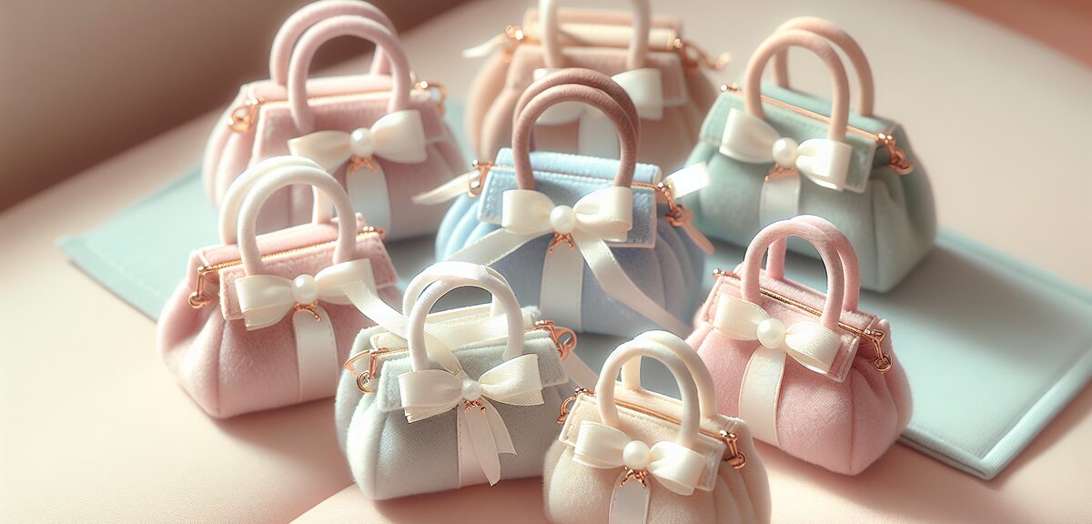 Elegant white and pastel mini bags with ribbon decorations, soft feminine handbag collection, gentle