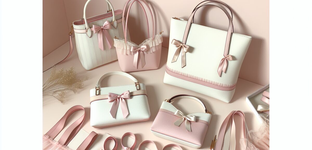 Soft pastel shoulder bags and tote bags with feminine details, white and pink bags with ribbons, gen