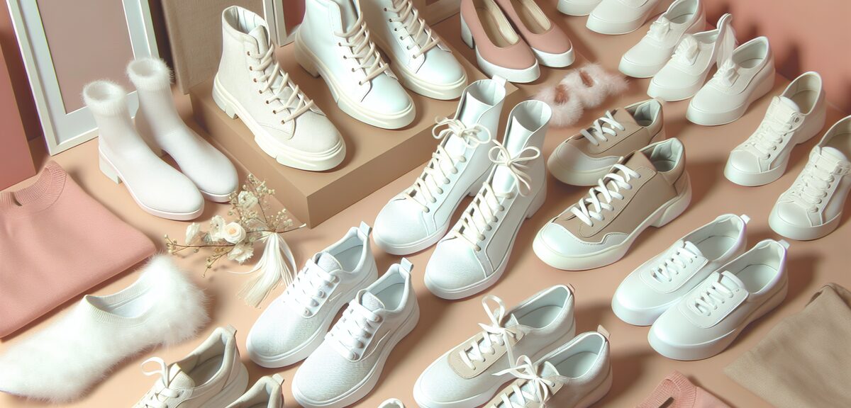 Elegant white and pastel shoes collection including sneakers, flats and heels, soft feminine footwea