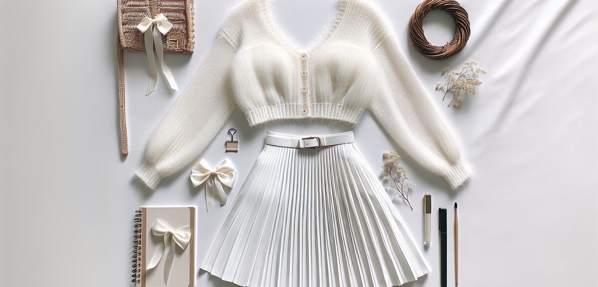 Cute feminine outfit flat lay with white fluffy knit, pleated skirt and hair ribbon on white backgro