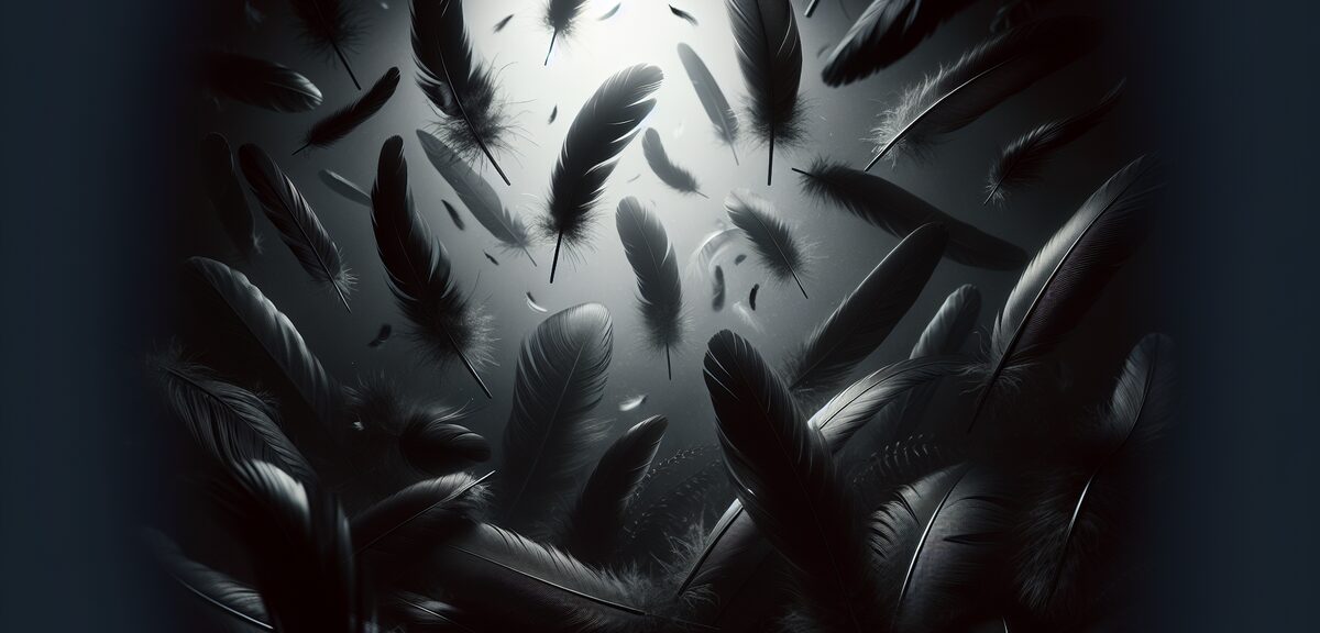 Dark gothic aesthetic with black feathers scattered on dark background, mysterious and elegant atmos