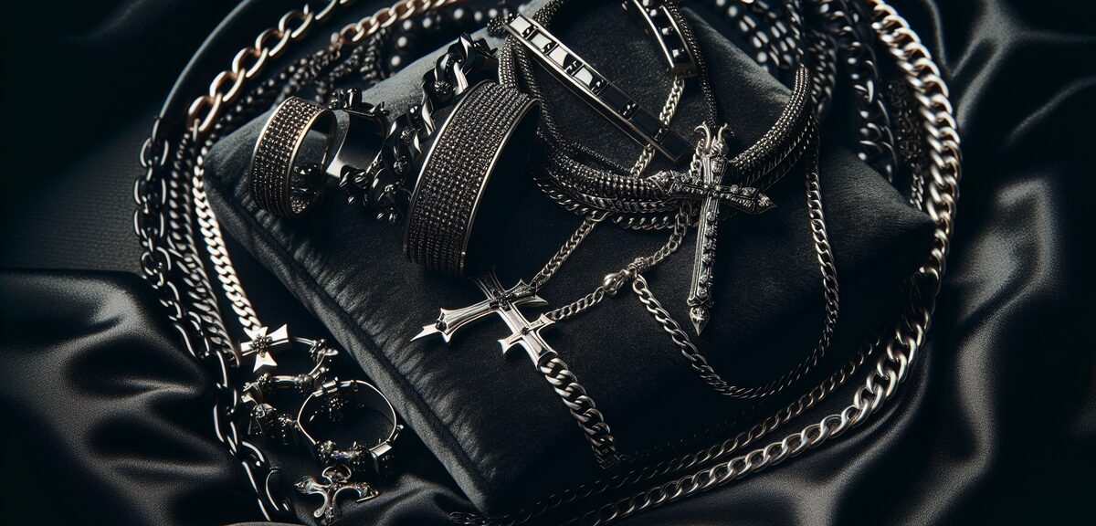 Gothic dark accessories collection with silver cross necklace, black choker and chain bracelets on b