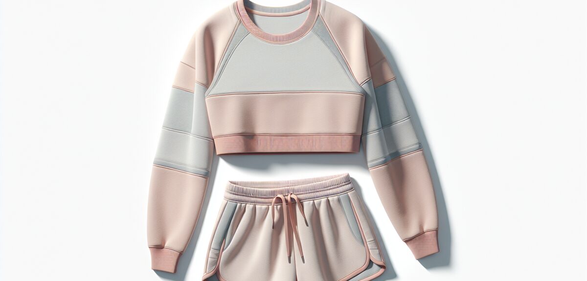 Soft pastel colored sporty outfit laid flat on white background, feminine casual style, no text