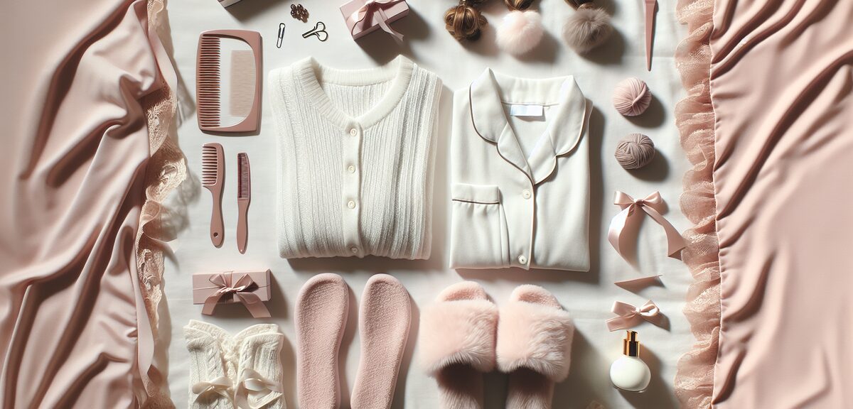 Cozy white and pastel pink loungewear flat lay with fluffy slippers and hair accessories, soft femin