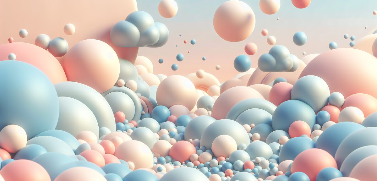 Round fluffy cloud-like shapes floating in pastel sky, soft and cute aesthetic, dreamy atmosphere, n