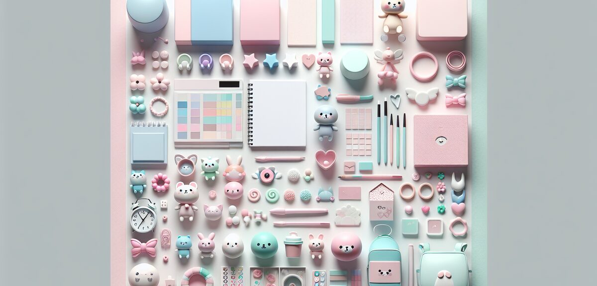 Cute pastel colored items collection with round shapes, stickers and small accessories, flat lay sty
