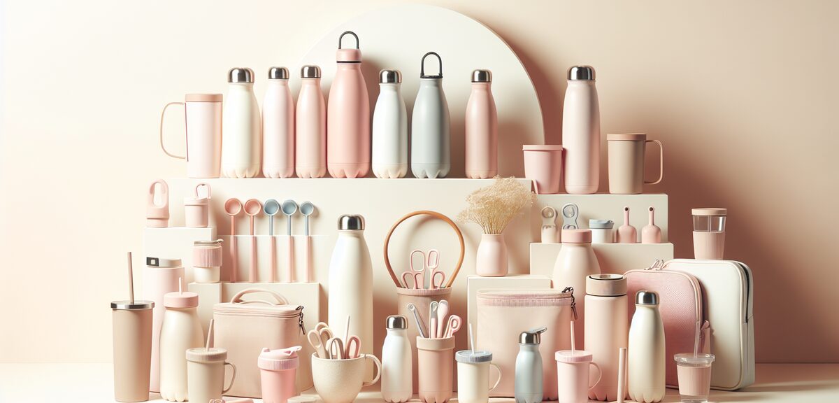 Various pastel colored tumblers and drinking bottles arranged neatly, cute and aesthetic design, pro